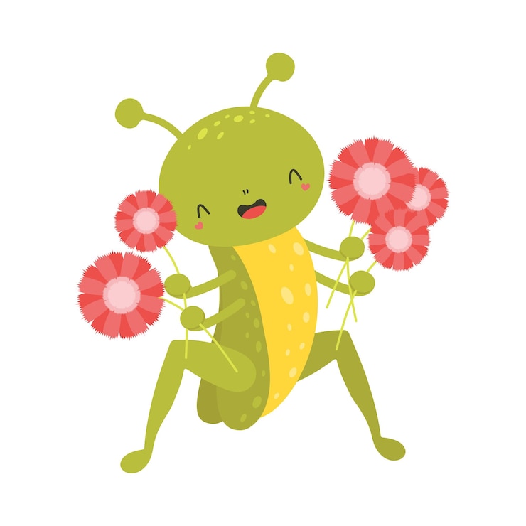 Vector clipart saltamontes en estilo de dibujos animados. lindo clip art saltamontes con flores.