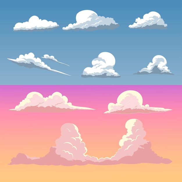 Clipart de varias formas de nubes en ilustración de estilo plano con concepto de naturaleza