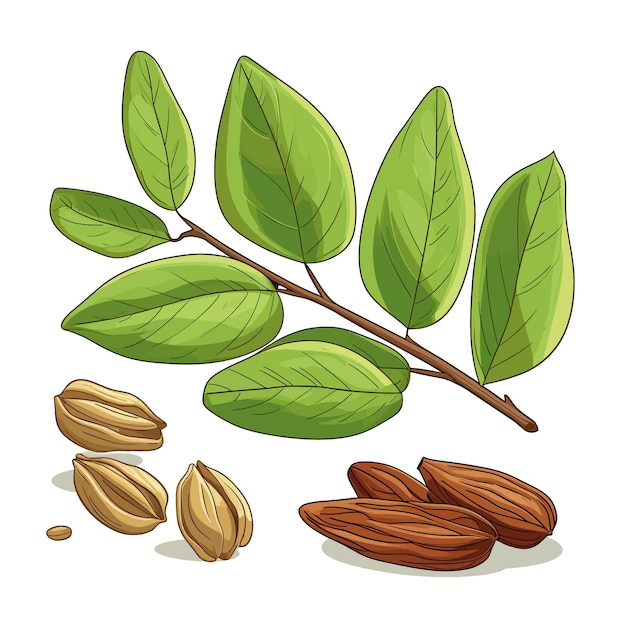 Clipart vectorial de hojas de casia y nutmag de fondo blanco