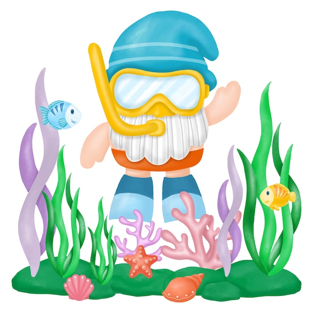 Clipart de verano de buceo de gnomos de acuarela