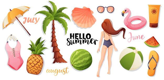 Clipart de verano de playa con frutas y chica