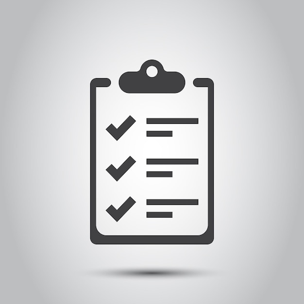 Clipboard con icono de lista de comprobación en estilo plano Planificación y organización del trabajo Ilustración vectorial en fondo aislado Concepto de negocio de signo de documento
