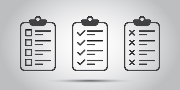 Clipboard con icono de lista de comprobación en estilo plano Planificación y organización del trabajo Ilustración vectorial en fondo aislado Concepto de negocio de signo de documento