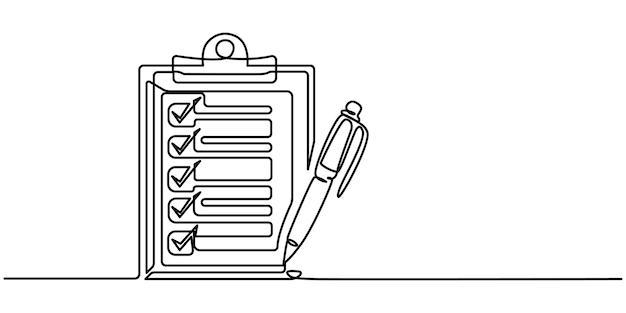 Clipboard con lista de comprobación y pluma en un dibujo de línea continua Lista de tareas con tics y concepto