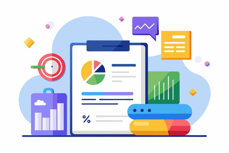Vector un clipboard que muestra un gráfico colocado junto a varios elementos en una configuración sencilla informe de crédito ilustración vectorial plana simple y minimalista