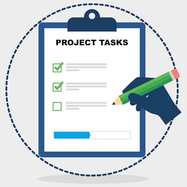 A clipboard with a project task list and a pen representing efficient project management and task completion