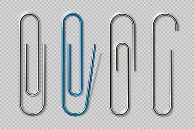 Clips de papel realistas. Elementos de fijación transparentes aislados, útiles escolares, sujetadores de metal portatarjetas. clips