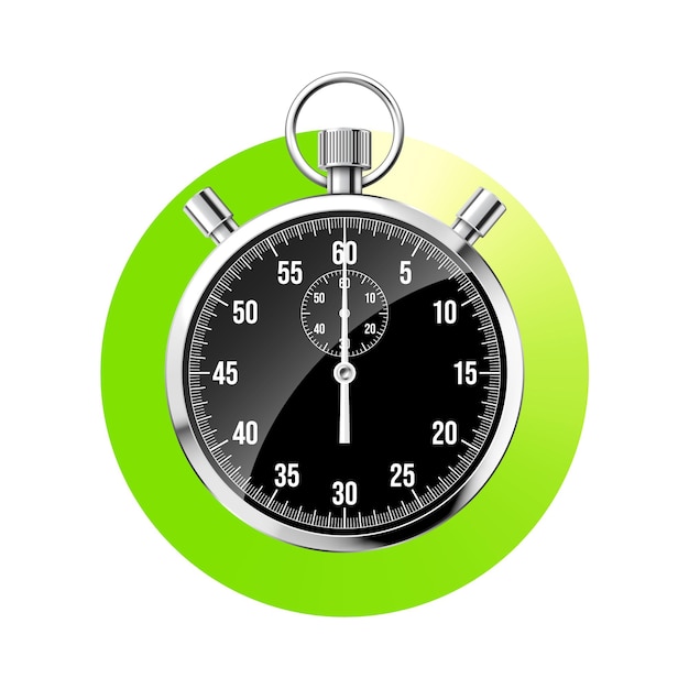 Clocador clásico realista cronómetro de metal brillante contador de tiempo negro con cuenta atrás de dial verde