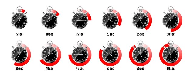 Vector clocador clásico realista cronómetro de metal brillante contador de tiempo negro con reloj de cuenta atrás rojo