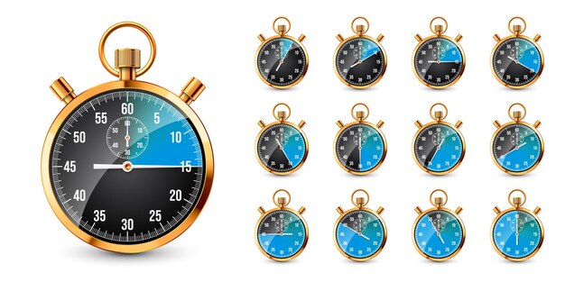 Clocador clásico realista cronómetro de metal dorado brillante contador de tiempo con cuenta atrás azul del dial
