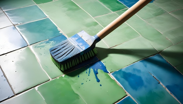 Close-up de un pincel de limpieza azul en un piso azulejado verde y azul El pincel está parcialmente sumergido en un charco de solución de limpiación azul creando una composición dinámica y abstracta