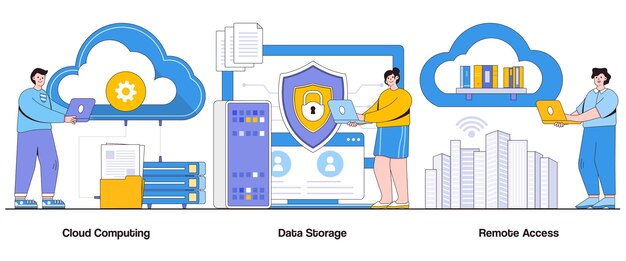 Cloud computing almacenamiento de datos concepto de acceso remoto con carácter infraestructura digital resumen vector ilustración conjunto escalabilidad eficiencia soluciones flexibles metáfora