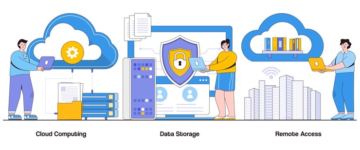 Vector cloud computing almacenamiento de datos concepto de acceso remoto con carácter infraestructura digital resumen vector ilustración conjunto escalabilidad eficiencia soluciones flexibles metáfora