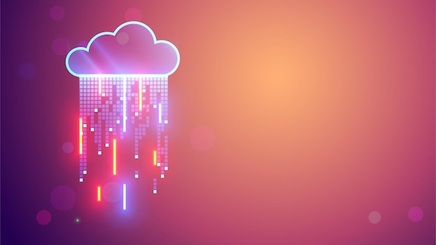 Cloud computing concept Digital data storage in shapes icon of cloud with digital rain consists at square bits neon lines Computer network connect with cloud storage or data center exchange datum