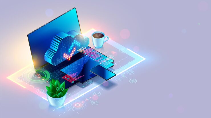 Vector cloud computing concept laptop tablet phone network with digital cloud online collaboration in internet remote work technology in network communication synchronization of computer data storage