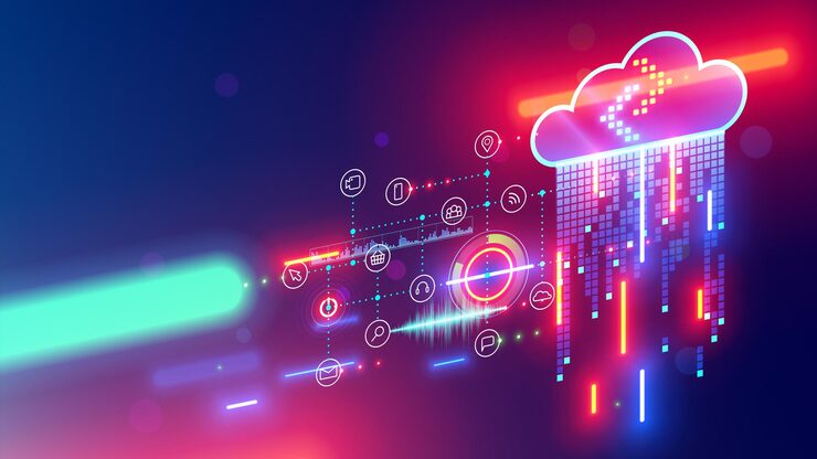 Vector cloud computing digital technology abstraction concept mobile internet iot devices communicate cloud storage computer tech background connection with digital data storage in internet smart city