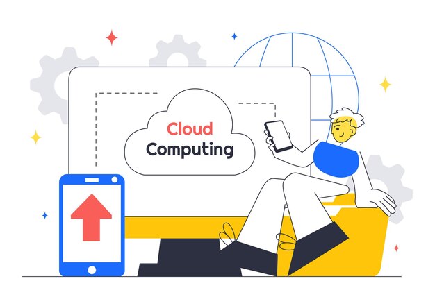 Cloud Computing Illustration Featuring Digital Technology Speed Connection with Database Statistics Analytics Server Monitoring and Network