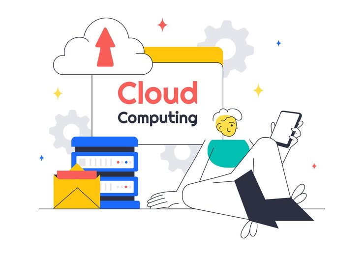Vector cloud computing illustration featuring digital technology speed connection with database statistics analytics server monitoring and network