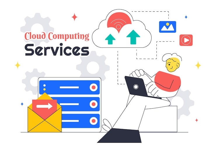 Vector cloud computing illustration featuring digital technology speed connection with database statistics analytics server monitoring and network