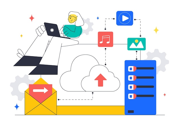 Cloud Computing Illustration Featuring Digital Technology Speed Connection with Database Statistics Analytics Server Monitoring and Network