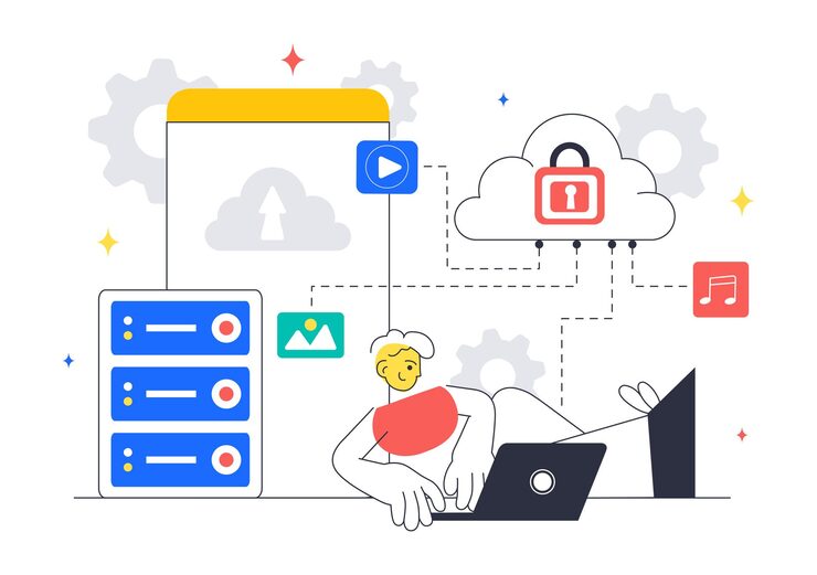 Vector cloud computing illustration featuring digital technology speed connection with database statistics analytics server monitoring and network