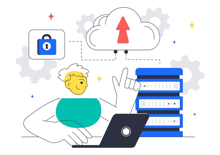 Vector cloud computing illustration featuring digital technology speed connection with database statistics analytics server monitoring and network