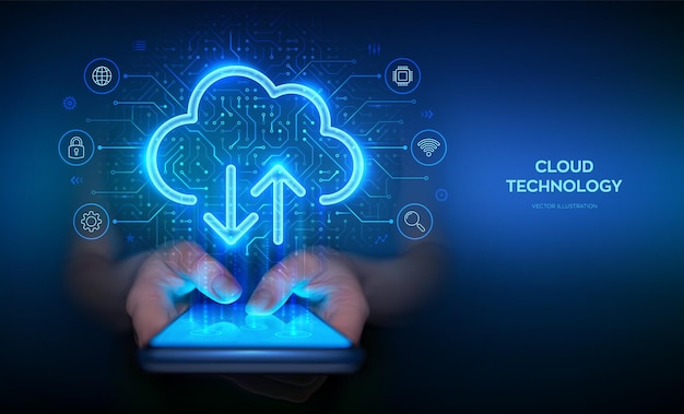 Cloud computing Mobile cloud access Cloud service app Using cloud service mobile application on smartphone Data sync Access to cloud services via mobile app on smartphone Vector illustration