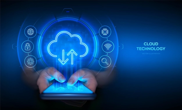Cloud computing Mobile cloud access Cloud service app Using cloud service mobile application on smartphone Data sync Access to cloud services via mobile app on smartphone Vector illustration
