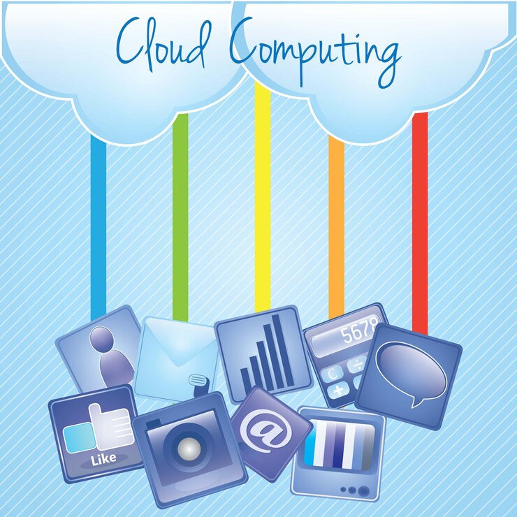 Vector cloud computing subir con la ilustración de aplicaciones sobre fondo azul