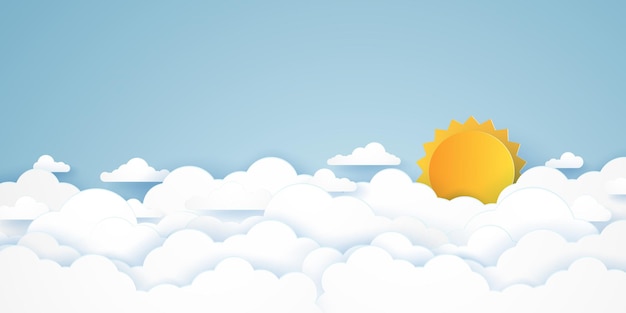 Cloudscape, cielo azul con nubes y sol brillante, estilo de arte en papel