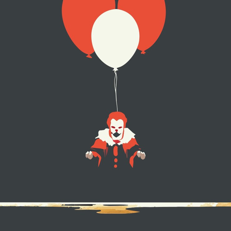 Vector clown siniestro sosteniendo globos en el abandonado circo vector ilustración plano 2
