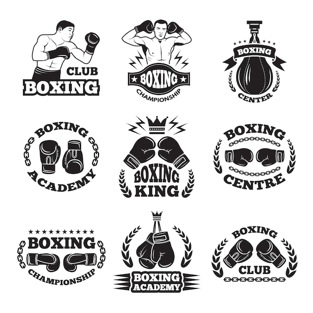 Vector club de boxeo, o mma luchando las etiquetas. monocromo