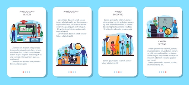 Club de la escuela de fotografía o conjunto de banners de aplicaciones móviles del curso. estudiantes que aprenden a tomar fotos, configurar la iluminación y editar fotos. curso de la escuela de fotografía. ilustración vectorial plana
