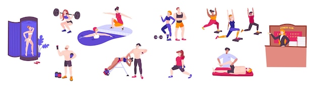 Vector club de fitness con personajes humanos de garabatos aislados de entrenamiento de personas con equipo deportivo ilustración vectorial de aparatos gimnásticos