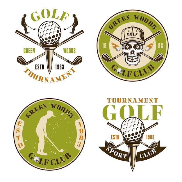 Club de golf conjunto de cuatro emblemas vectoriales de colores, insignias, etiquetas o logotipos en estilo vintage aislado sobre fondo blanco.