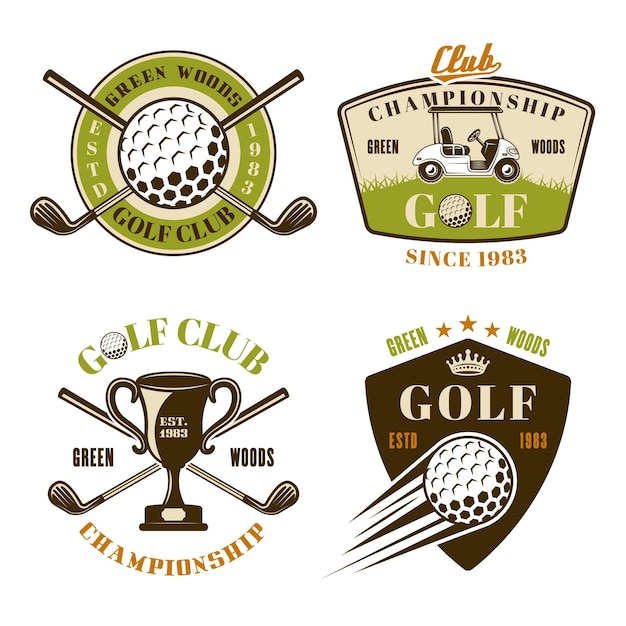 Club de golf conjunto de emblemas, insignias, etiquetas o logotipos de colores vectoriales en estilo vintage aislado sobre fondo blanco.