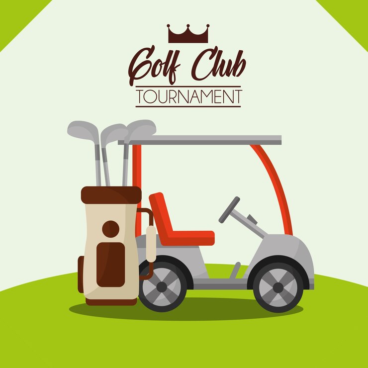 Vector club de golf, torneo, coche, y, bolsa, en, campo