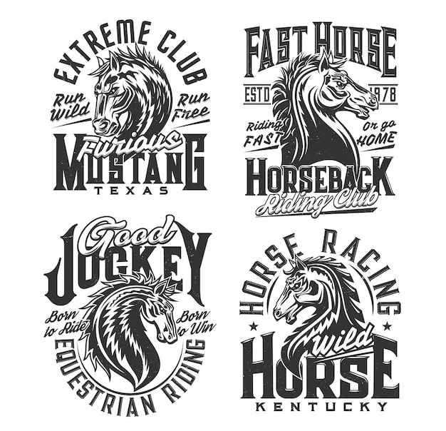 Club de hípica, estampados de camisetas deportivas ecuestres. semental, vector de mascota mustang salvaje. club de equitación, ropa de diseño personalizado de jinete de carreras de caballos con cabeza de caballo de carreras y tipografía vintage