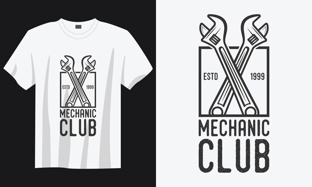 Club mecánico tipografía vintage retro mecánico trabajador ingeniero eslogan camiseta diseño ilustración