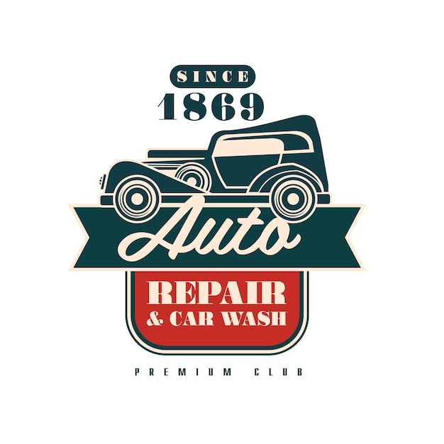 Club premium de reparación y lavado de automóviles desde 1869 diseño de logotipo servicio de automóviles insignia vector de etiqueta retro vintage ilustración aislada sobre un fondo blanco