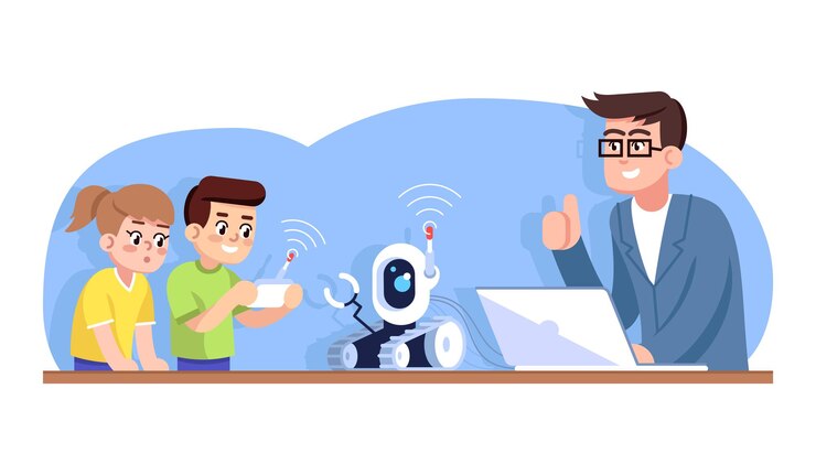 Vector club de robótica para niños ilustración vectorial plana. ciencias de la computación. diseño y programación para niños. niño y niña aprendiendo a conducir robots en control remoto, maestro aprobando personajes de dibujos animados