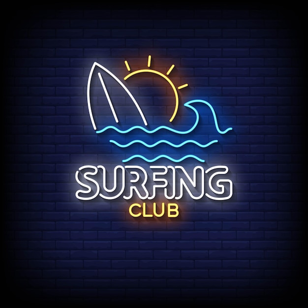 Club de surf de neón con vector de fondo de pared de ladrillo