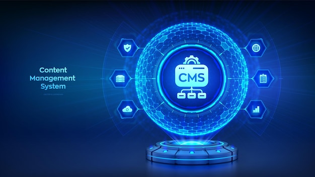 CMS Content Management System in the form of a holographic sphere with a hexagonal pattern Website and document management web development digital solutions Data integration Vector illustration
