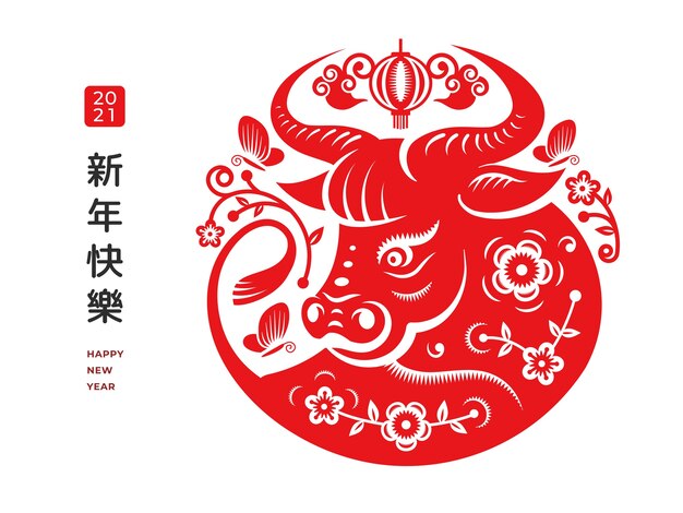 CNY metal rojo buey signo del zodíaco, cabeza de toro y arreglo floral aislado tarjeta de felicitación. Traducción de texto de feliz año nuevo chino. Celebración de la fiesta lunar, cara de animal con adornos decorativos