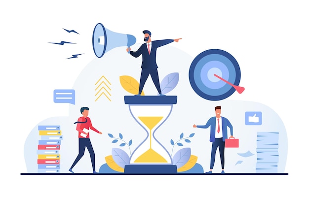 Coaching concepto de logro de objetivos de cómo el entrenador ayuda a los empleados a alcanzar objetivos gestión del tiempo
