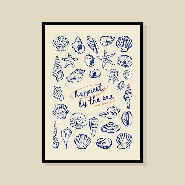 Coastal life sketch style vector illustration in a poster frame