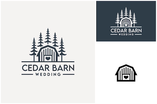 Cobertizo de madera, cedro, árbol de hoja perenne, corazón, símbolo de amor, cobertizo en el bosque de pinos para el logotipo de la boda forestal.