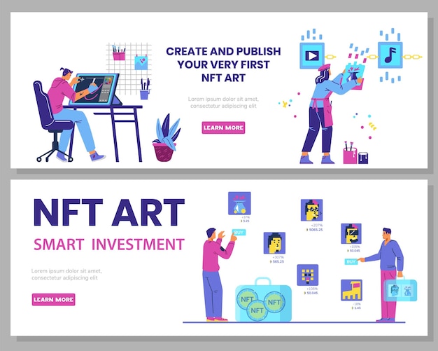 Cocepto de token no fungible nft. personas que crean, venden, eligen y compran ilustraciones de arte nft