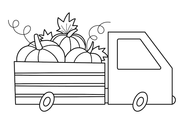 Coche de acción de gracias en blanco y negro vectorial con calabazas Icono de línea de camión de otoño Transporte de vacaciones de otoño aislado sobre fondo blanco Esquema de recolección de cosecha conceptxA