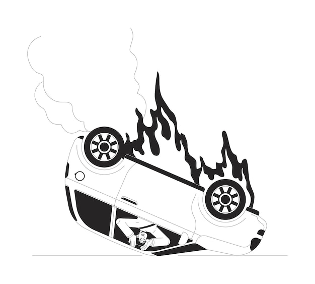 El coche al revés en el fuego ilustración plana de dibujos animados en blanco y negro
